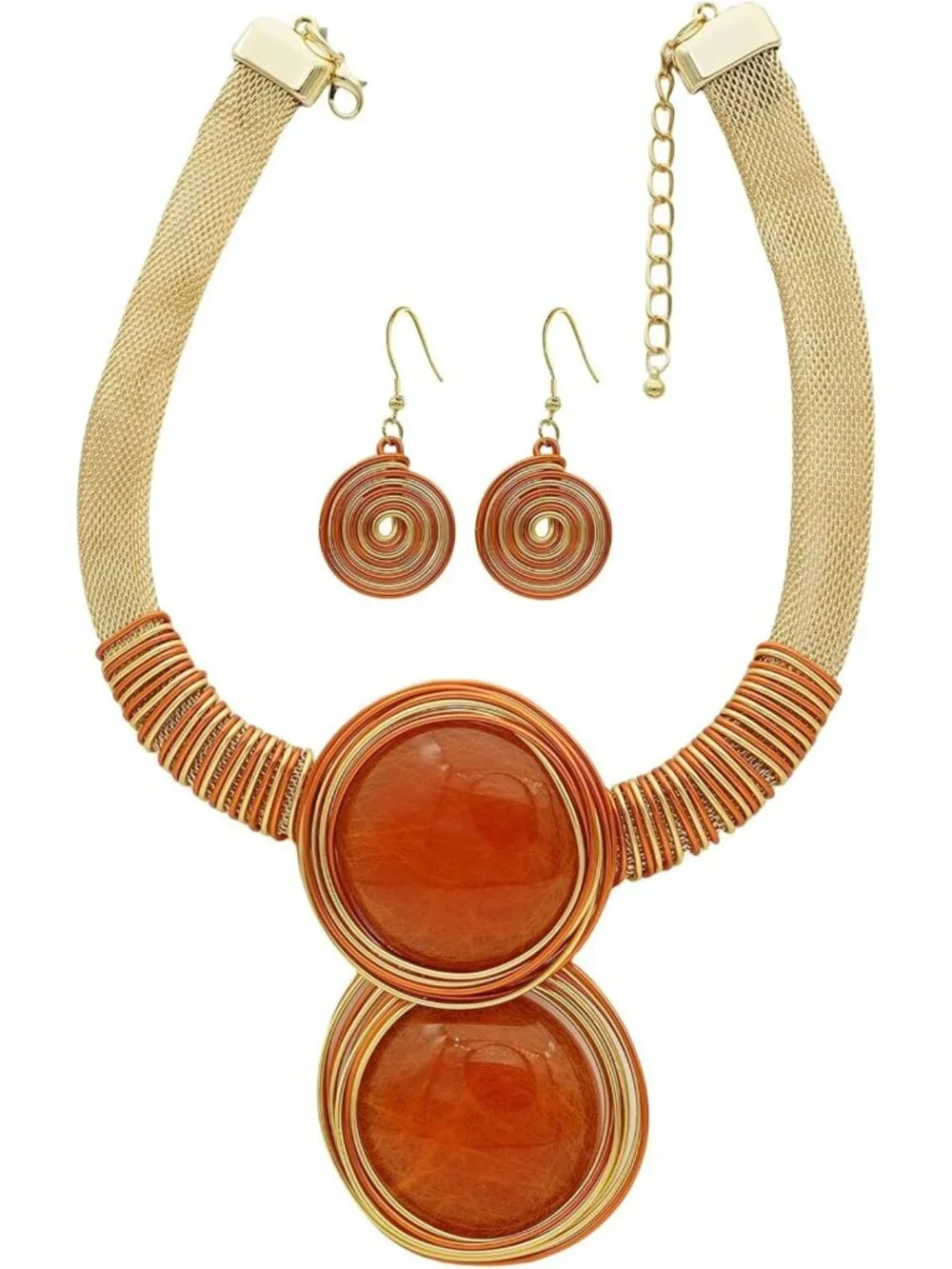 Chunky Gold Mesh Bib Necklace Set with Round Pendant & Spiral Earrings - African